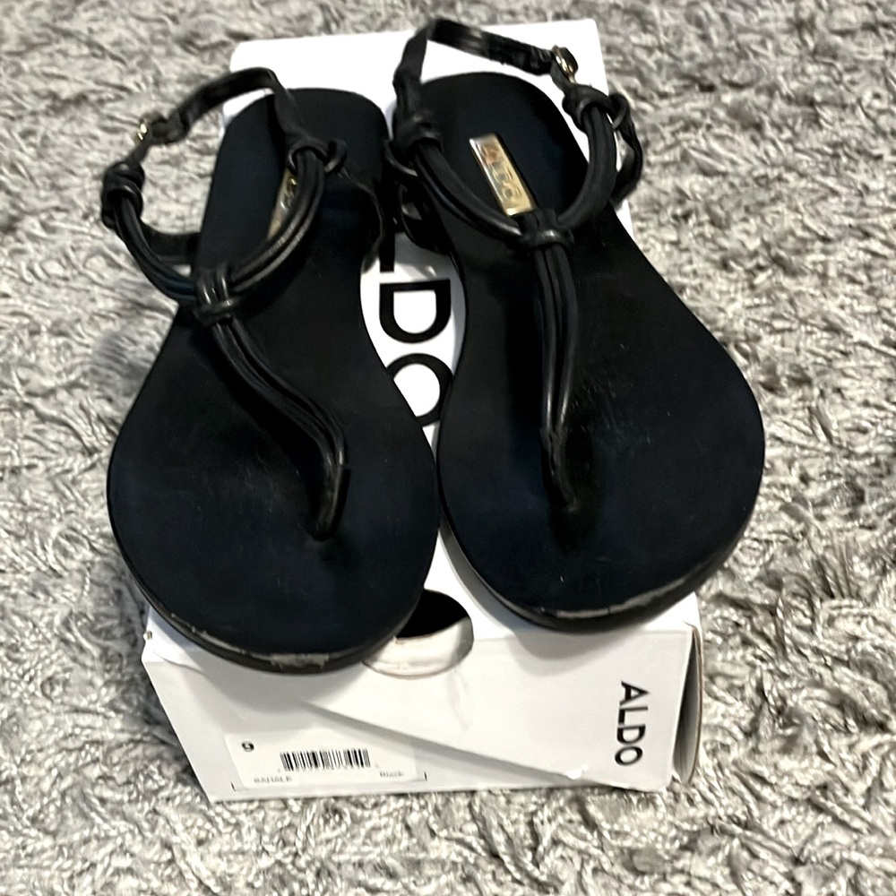 ALDO Black Leather T-Strap sandals.
